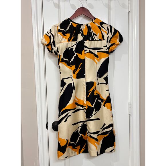 Badgley Mischka Abstract Floral Silk Pintuck Poof Sleeve Dress Sz S Artsy Y2K - Picture 2 of 7